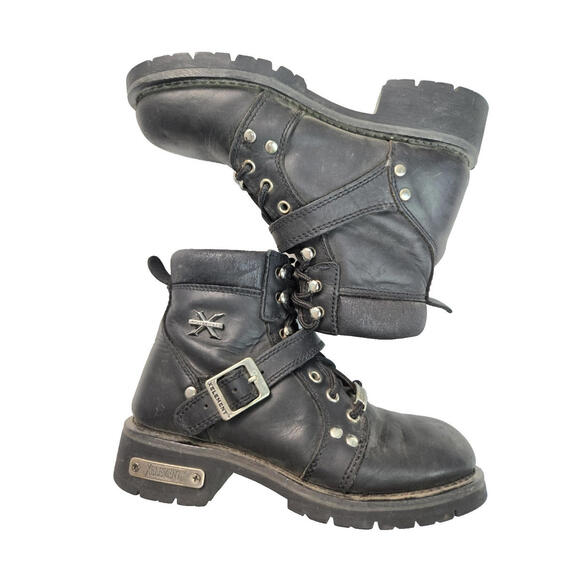 Xelement Ultimate Black Leather Lace Up Motorcycle Combat Boots Womens 7.5 M - Picture 1 of 11